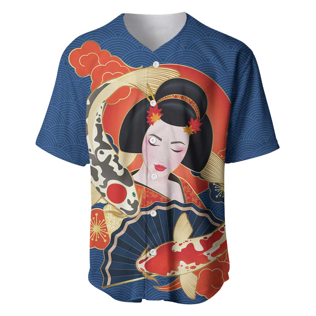 Japanese Geisha Koi Fish Baseball Jersey Cherry Blossoms Blue Seigaiha Pattern LT14 Blue - Polynesian Pride