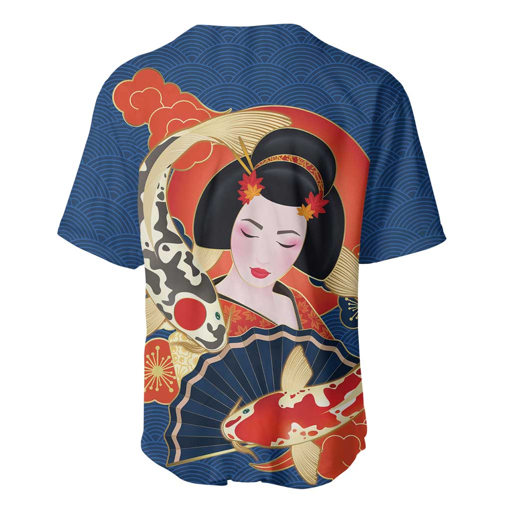Japanese Geisha Koi Fish Baseball Jersey Cherry Blossoms Blue Seigaiha Pattern LT14 - Polynesian Pride