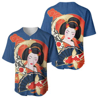 Japanese Geisha Koi Fish Baseball Jersey Cherry Blossoms Blue Seigaiha Pattern LT14 - Polynesian Pride