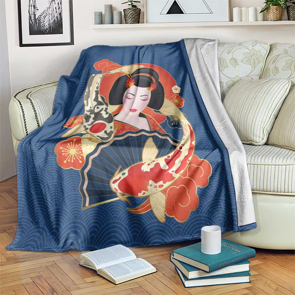 Japanese Geisha Koi Fish Blanket Cherry Blossoms Blue Seigaiha Pattern LT14 Blue - Polynesian Pride