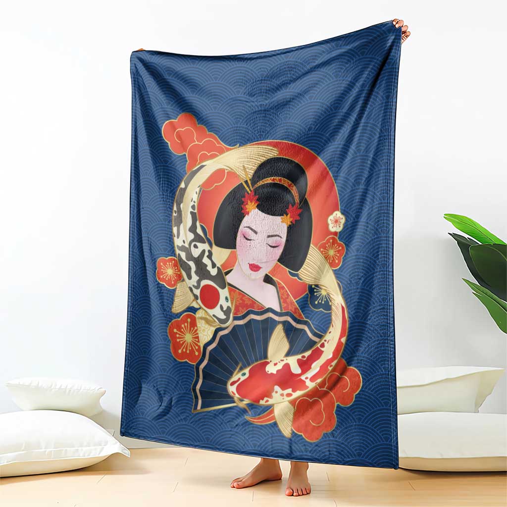 Japanese Geisha Koi Fish Blanket Cherry Blossoms Blue Seigaiha Pattern LT14 - Polynesian Pride