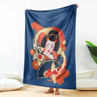 Japanese Geisha Koi Fish Blanket Cherry Blossoms Blue Seigaiha Pattern LT14 - Polynesian Pride