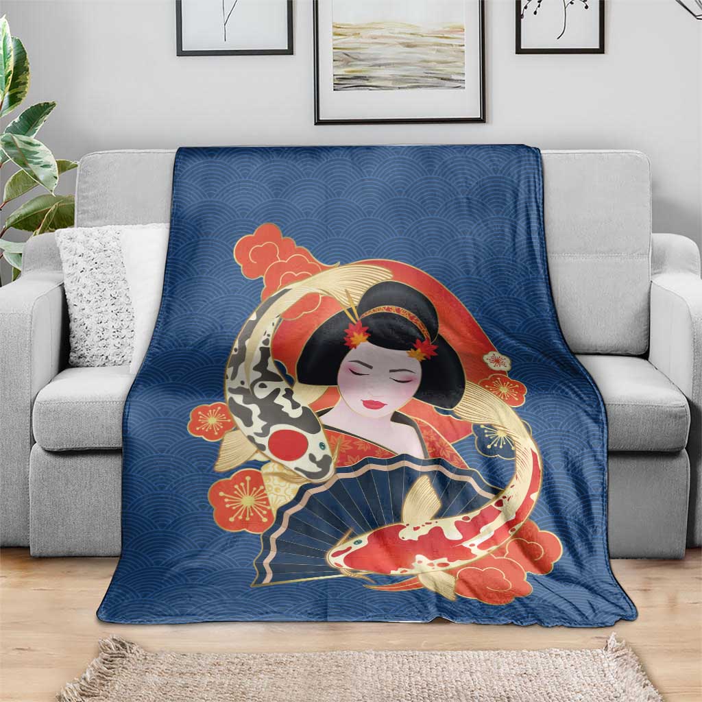 Japanese Geisha Koi Fish Blanket Cherry Blossoms Blue Seigaiha Pattern LT14 - Polynesian Pride