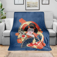 Japanese Geisha Koi Fish Blanket Cherry Blossoms Blue Seigaiha Pattern LT14 - Polynesian Pride