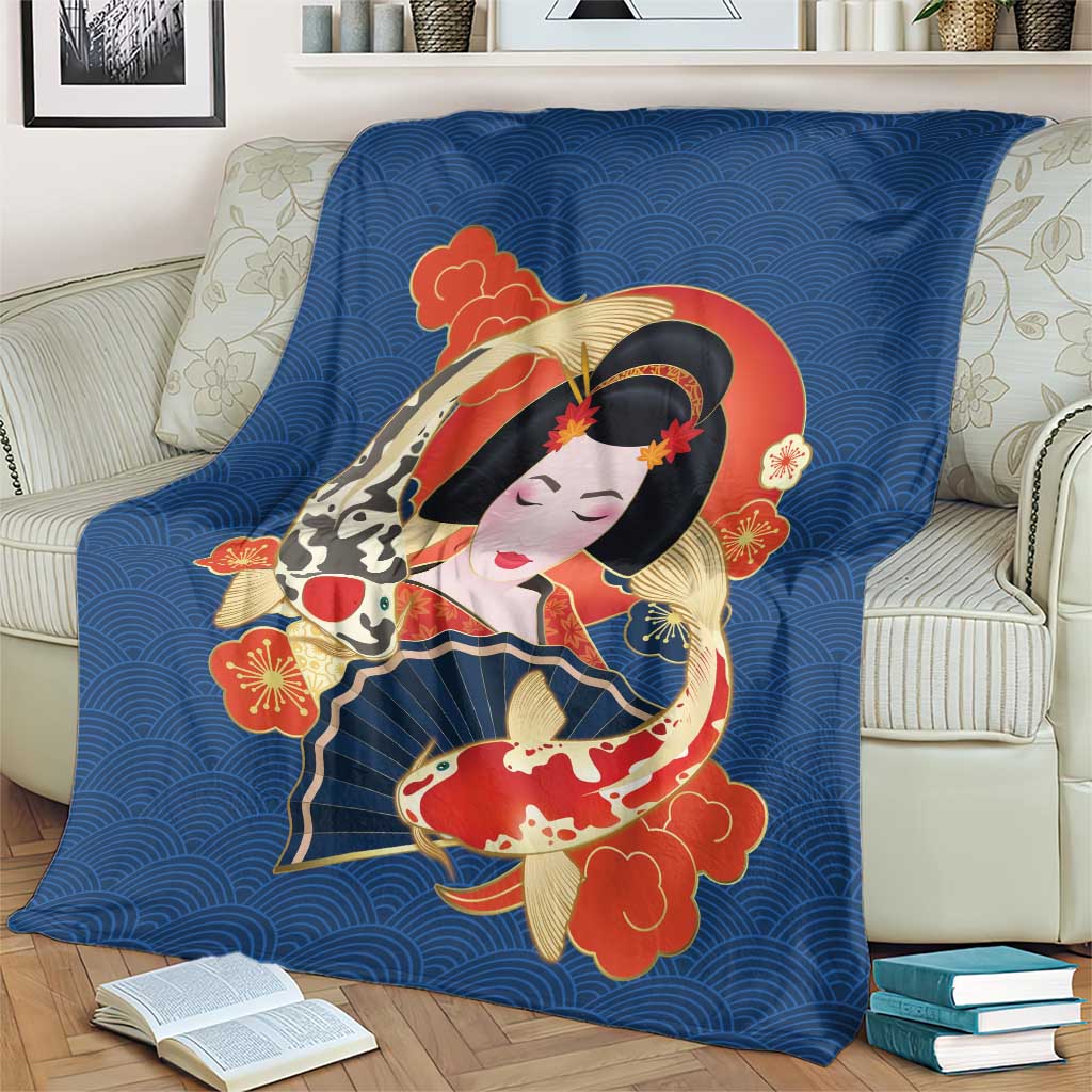 Japanese Geisha Koi Fish Blanket Cherry Blossoms Blue Seigaiha Pattern LT14 - Polynesian Pride