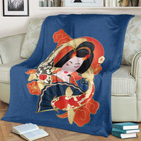 Japanese Geisha Koi Fish Blanket Cherry Blossoms Blue Seigaiha Pattern LT14 - Polynesian Pride