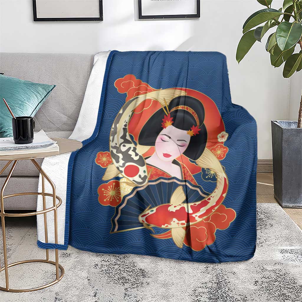 Japanese Geisha Koi Fish Blanket Cherry Blossoms Blue Seigaiha Pattern LT14 - Polynesian Pride