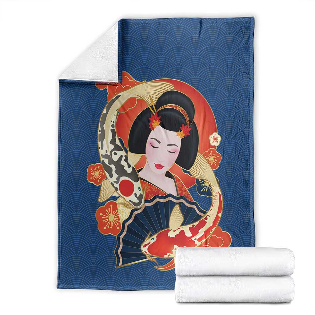 Japanese Geisha Koi Fish Blanket Cherry Blossoms Blue Seigaiha Pattern LT14 - Polynesian Pride