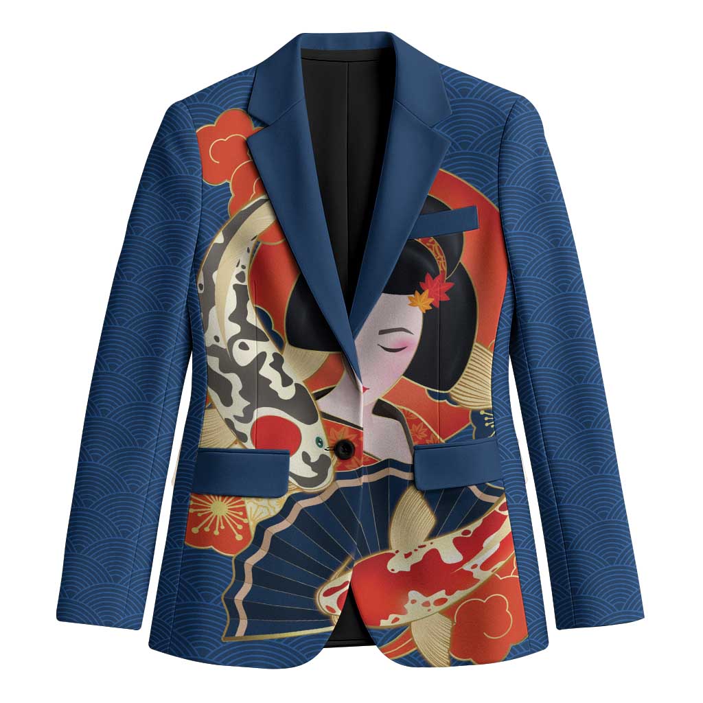 Japanese Geisha Koi Fish Blazer Cherry Blossoms Blue Seigaiha Pattern LT14 Unisex Blue - Polynesian Pride