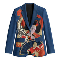 Japanese Geisha Koi Fish Blazer Cherry Blossoms Blue Seigaiha Pattern LT14 Unisex Blue - Polynesian Pride