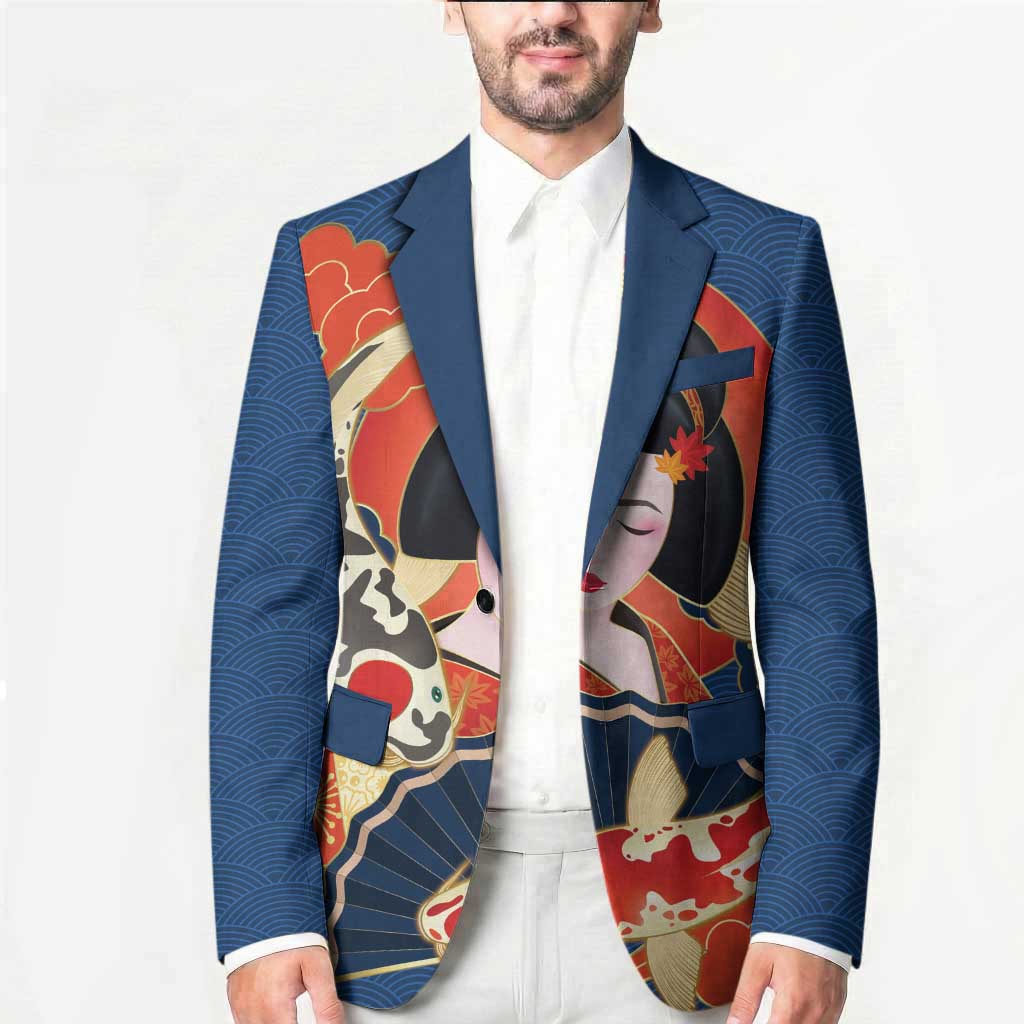 Japanese Geisha Koi Fish Blazer Cherry Blossoms Blue Seigaiha Pattern LT14 - Polynesian Pride