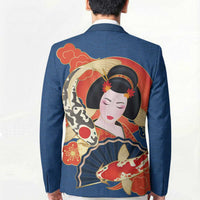 Japanese Geisha Koi Fish Blazer Cherry Blossoms Blue Seigaiha Pattern LT14 - Polynesian Pride