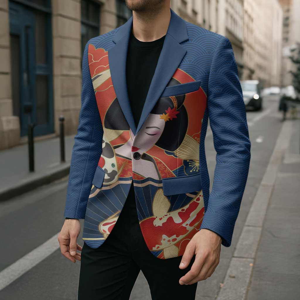 Japanese Geisha Koi Fish Blazer Cherry Blossoms Blue Seigaiha Pattern LT14 - Polynesian Pride
