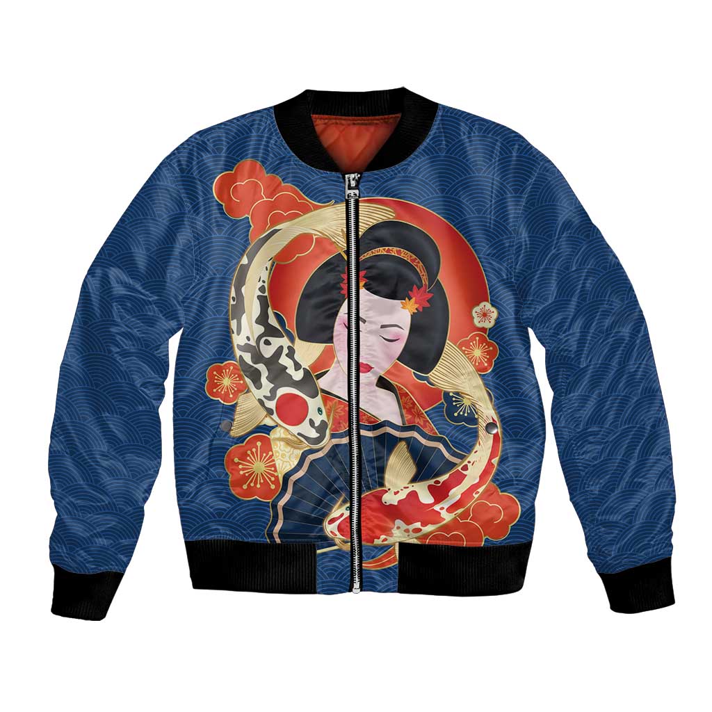 Japanese Geisha Koi Fish Bomber Jacket Cherry Blossoms Blue Seigaiha Pattern LT14 Unisex Blue - Polynesian Pride