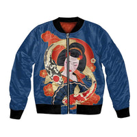 Japanese Geisha Koi Fish Bomber Jacket Cherry Blossoms Blue Seigaiha Pattern LT14 Unisex Blue - Polynesian Pride