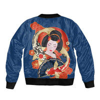 Japanese Geisha Koi Fish Bomber Jacket Cherry Blossoms Blue Seigaiha Pattern LT14 - Polynesian Pride