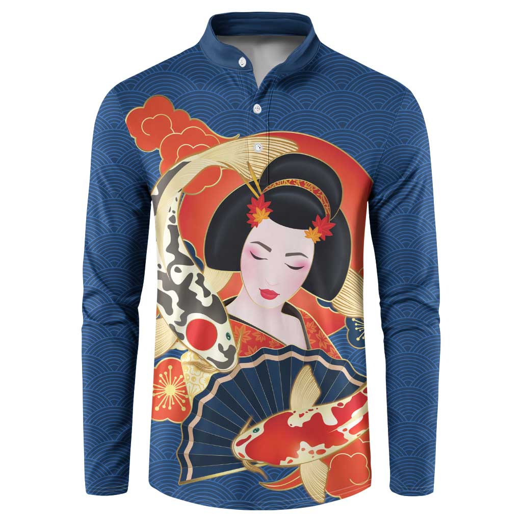 Japanese Geisha Koi Fish Button Sweatshirt Cherry Blossoms Blue Seigaiha Pattern LT14 Blue - Polynesian Pride