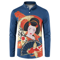 Japanese Geisha Koi Fish Button Sweatshirt Cherry Blossoms Blue Seigaiha Pattern LT14 Blue - Polynesian Pride
