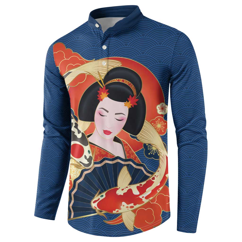 Japanese Geisha Koi Fish Button Sweatshirt Cherry Blossoms Blue Seigaiha Pattern LT14 - Polynesian Pride