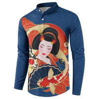 Japanese Geisha Koi Fish Button Sweatshirt Cherry Blossoms Blue Seigaiha Pattern LT14 - Polynesian Pride