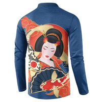 Japanese Geisha Koi Fish Button Sweatshirt Cherry Blossoms Blue Seigaiha Pattern LT14 - Polynesian Pride