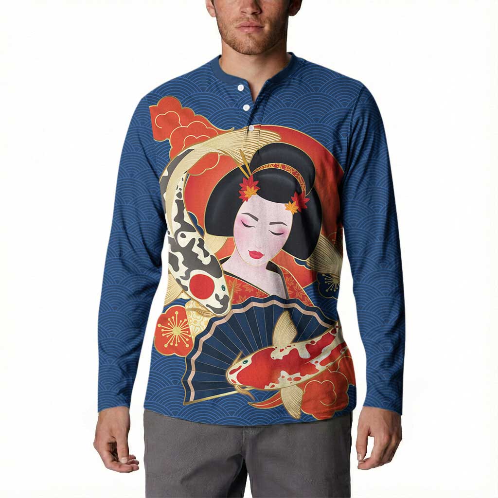 Japanese Geisha Koi Fish Button Sweatshirt Cherry Blossoms Blue Seigaiha Pattern LT14 - Polynesian Pride