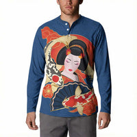 Japanese Geisha Koi Fish Button Sweatshirt Cherry Blossoms Blue Seigaiha Pattern LT14 - Polynesian Pride