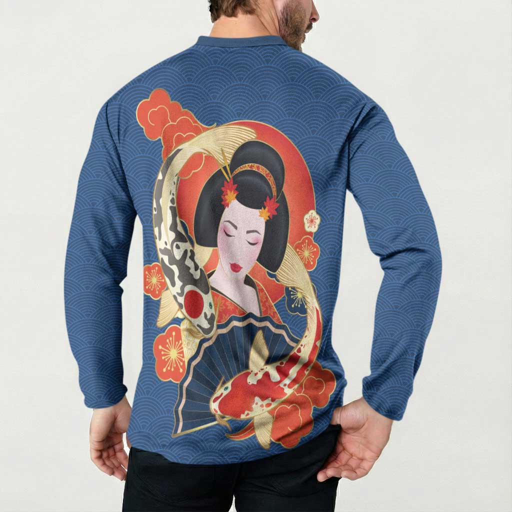 Japanese Geisha Koi Fish Button Sweatshirt Cherry Blossoms Blue Seigaiha Pattern LT14 - Polynesian Pride