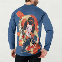 Japanese Geisha Koi Fish Button Sweatshirt Cherry Blossoms Blue Seigaiha Pattern LT14 - Polynesian Pride