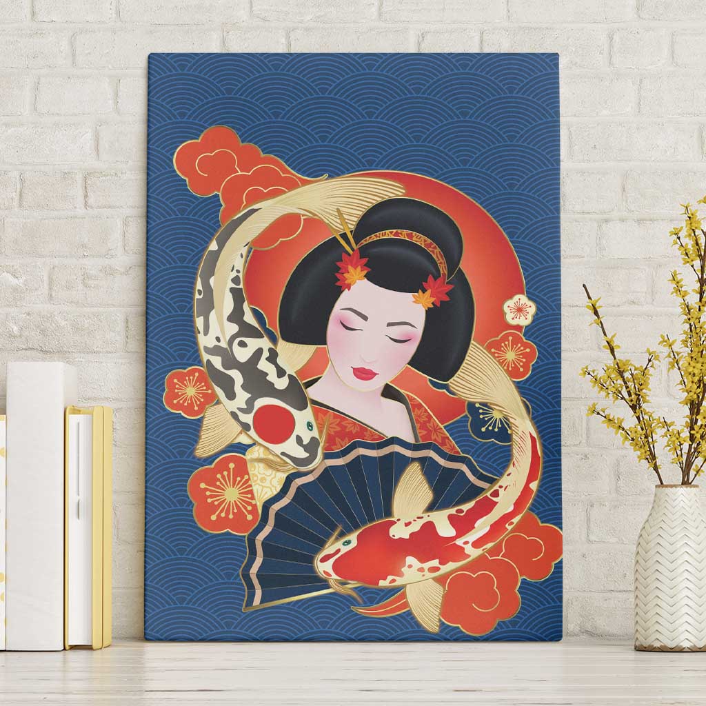 Japanese Geisha Koi Fish Canvas Wall Art Cherry Blossoms Blue Seigaiha Pattern LT14 Without Frame Blue - Polynesian Pride
