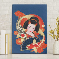 Japanese Geisha Koi Fish Canvas Wall Art Cherry Blossoms Blue Seigaiha Pattern LT14 Without Frame Blue - Polynesian Pride