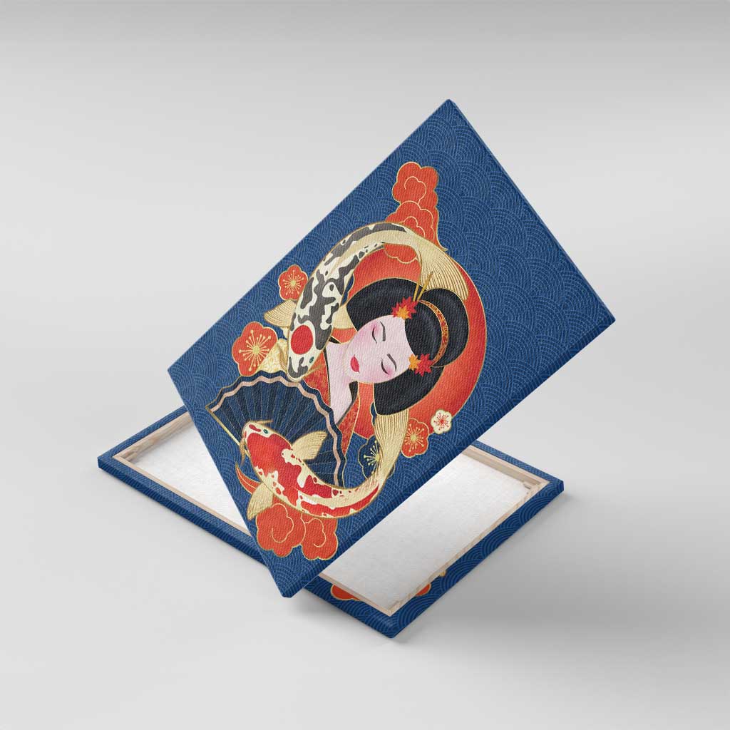 Japanese Geisha Koi Fish Canvas Wall Art Cherry Blossoms Blue Seigaiha Pattern LT14 With Frame Blue - Polynesian Pride