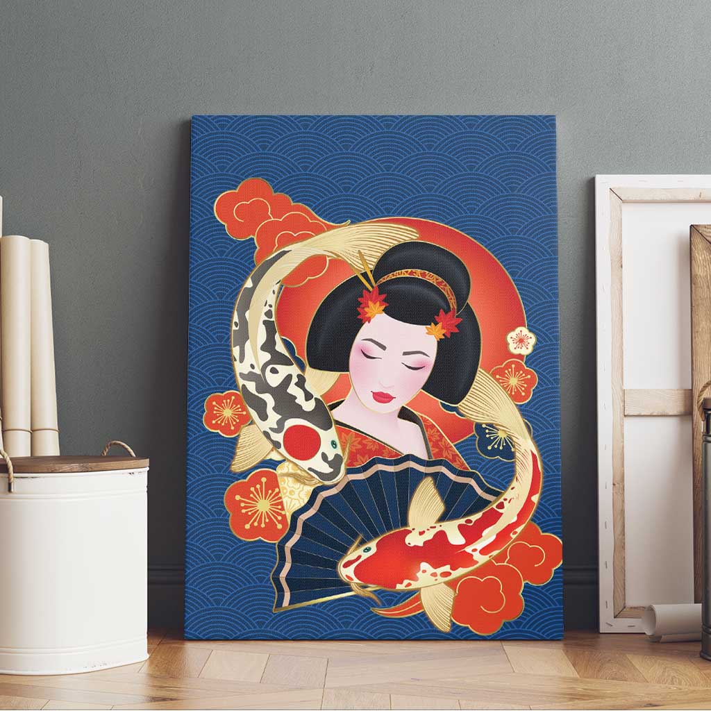 Japanese Geisha Koi Fish Canvas Wall Art Cherry Blossoms Blue Seigaiha Pattern LT14 - Polynesian Pride