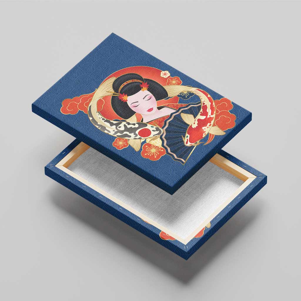 Japanese Geisha Koi Fish Canvas Wall Art Cherry Blossoms Blue Seigaiha Pattern LT14 - Polynesian Pride