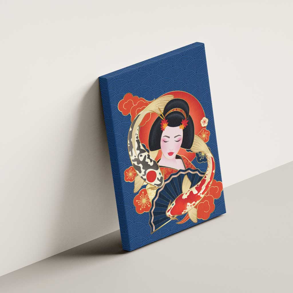 Japanese Geisha Koi Fish Canvas Wall Art Cherry Blossoms Blue Seigaiha Pattern LT14 - Polynesian Pride