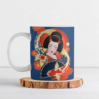 Japanese Geisha Koi Fish Ceramic Mug Cherry Blossoms Blue Seigaiha Pattern LT14 Blue - Polynesian Pride