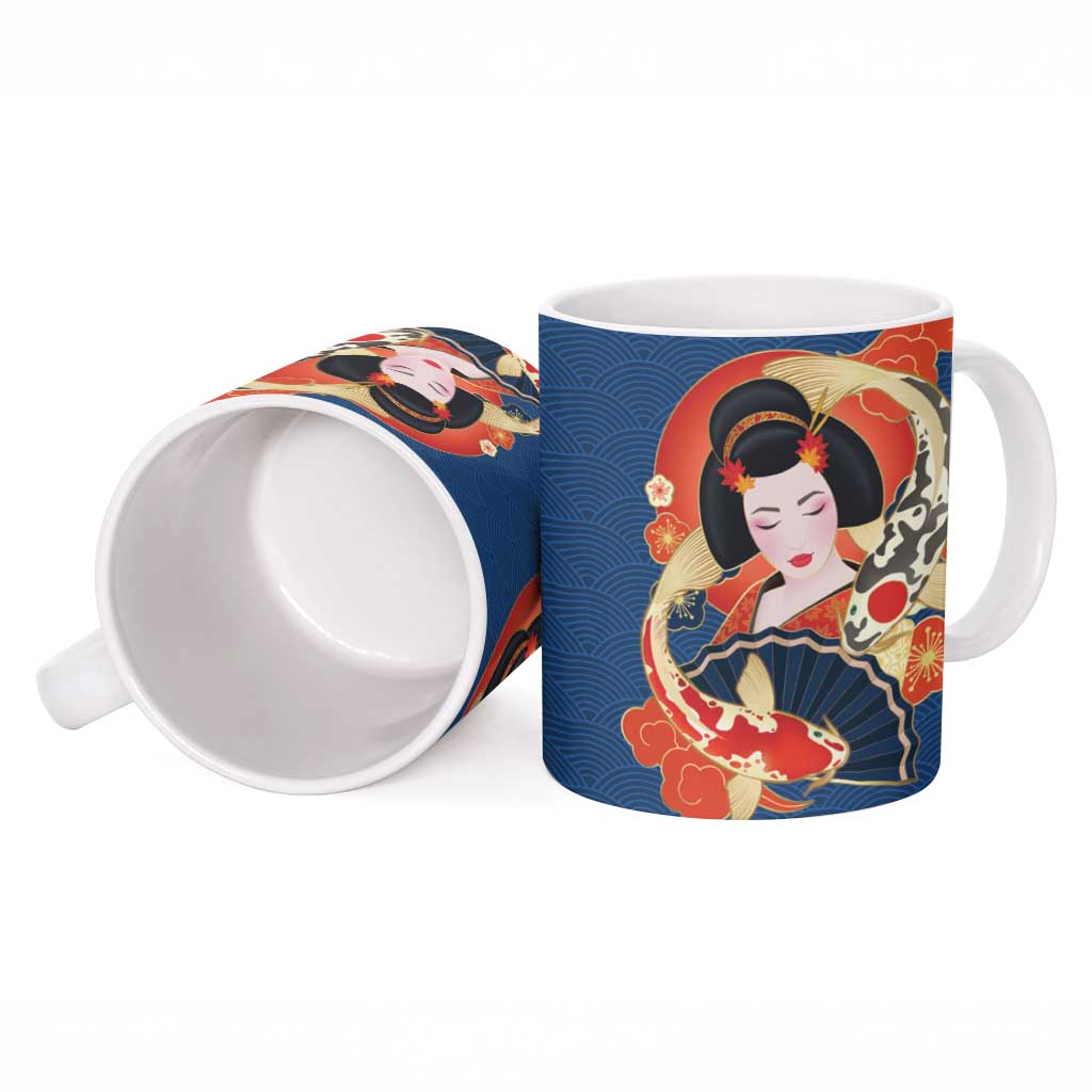 Japanese Geisha Koi Fish Ceramic Mug Cherry Blossoms Blue Seigaiha Pattern LT14 - Polynesian Pride