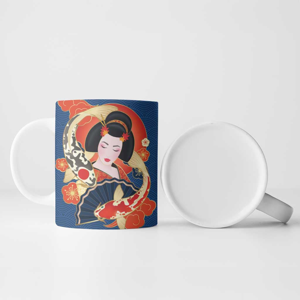 Japanese Geisha Koi Fish Ceramic Mug Cherry Blossoms Blue Seigaiha Pattern LT14 - Polynesian Pride