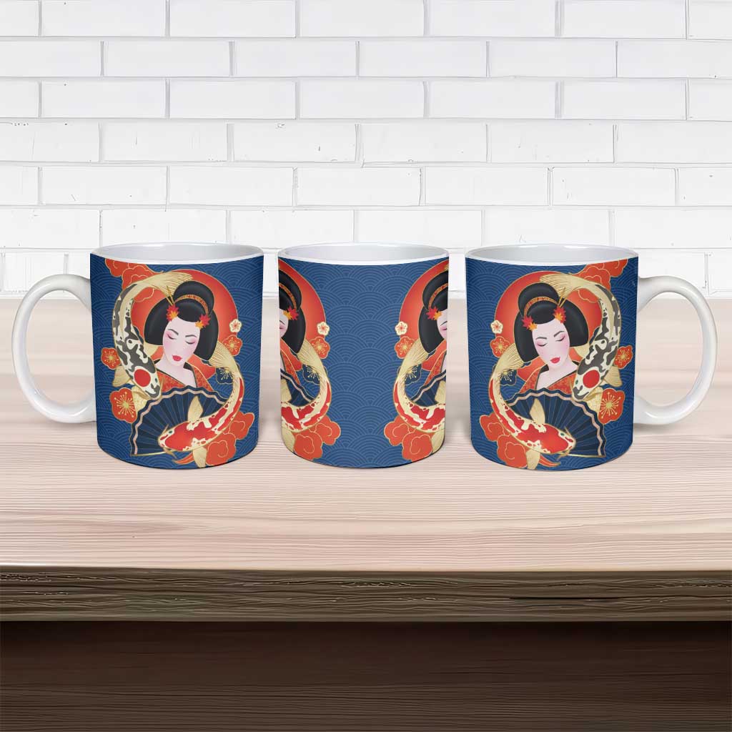 Japanese Geisha Koi Fish Ceramic Mug Cherry Blossoms Blue Seigaiha Pattern LT14 - Polynesian Pride
