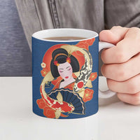 Japanese Geisha Koi Fish Ceramic Mug Cherry Blossoms Blue Seigaiha Pattern LT14 - Polynesian Pride