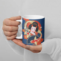 Japanese Geisha Koi Fish Ceramic Mug Cherry Blossoms Blue Seigaiha Pattern LT14 - Polynesian Pride