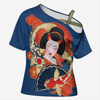 Japanese Geisha Koi Fish Cross Shoulder Shirt Cherry Blossoms Blue Seigaiha Pattern LT14 Female Blue - Polynesian Pride