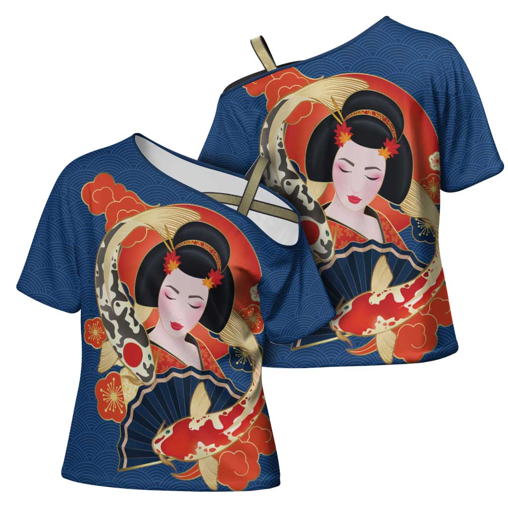 Japanese Geisha Koi Fish Cross Shoulder Shirt Cherry Blossoms Blue Seigaiha Pattern LT14 - Polynesian Pride