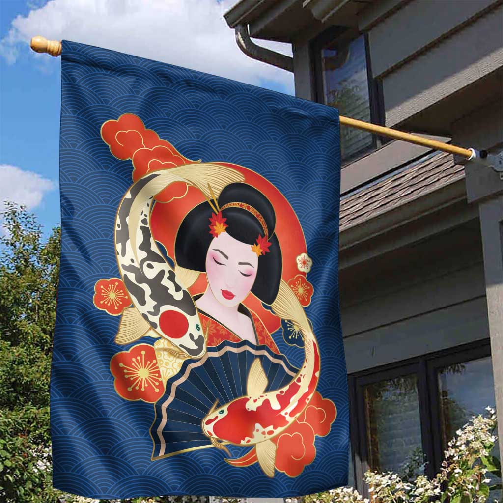 Japanese Geisha Koi Fish Garden Flag Cherry Blossoms Blue Seigaiha Pattern LT14 - Polynesian Pride