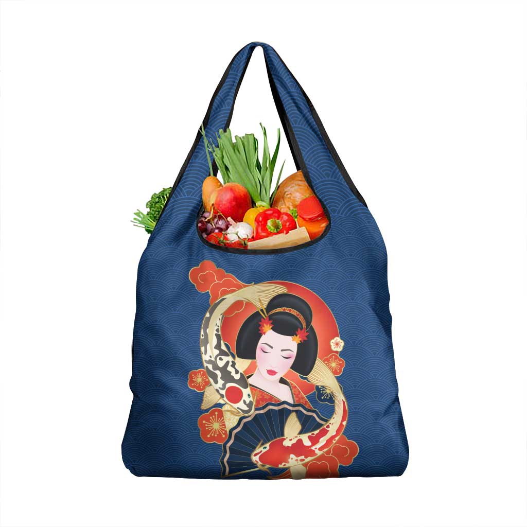 Japanese Geisha Koi Fish Grocery Bag Cherry Blossoms Blue Seigaiha Pattern LT14 1-pack One Size Blue - Polynesian Pride