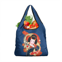 Japanese Geisha Koi Fish Grocery Bag Cherry Blossoms Blue Seigaiha Pattern LT14 1-pack One Size Blue - Polynesian Pride