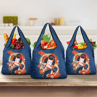 Japanese Geisha Koi Fish Grocery Bag Cherry Blossoms Blue Seigaiha Pattern LT14 3-pack One Size Blue - Polynesian Pride