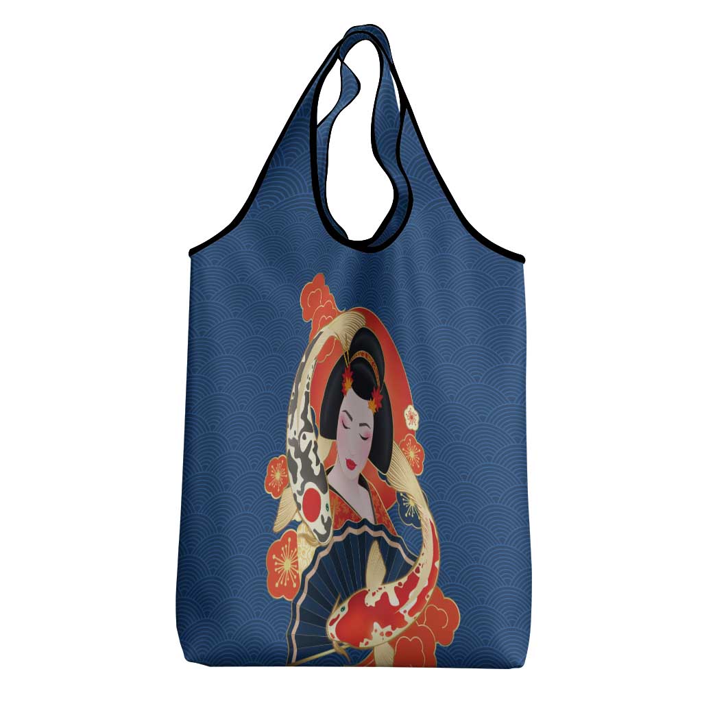 Japanese Geisha Koi Fish Grocery Bag Cherry Blossoms Blue Seigaiha Pattern LT14 - Polynesian Pride