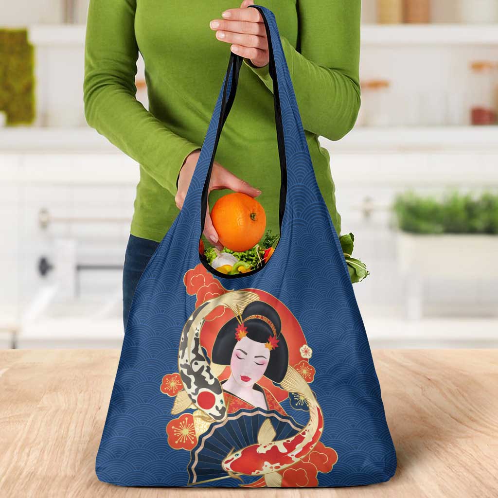 Japanese Geisha Koi Fish Grocery Bag Cherry Blossoms Blue Seigaiha Pattern LT14 - Polynesian Pride