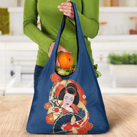Japanese Geisha Koi Fish Grocery Bag Cherry Blossoms Blue Seigaiha Pattern LT14 - Polynesian Pride